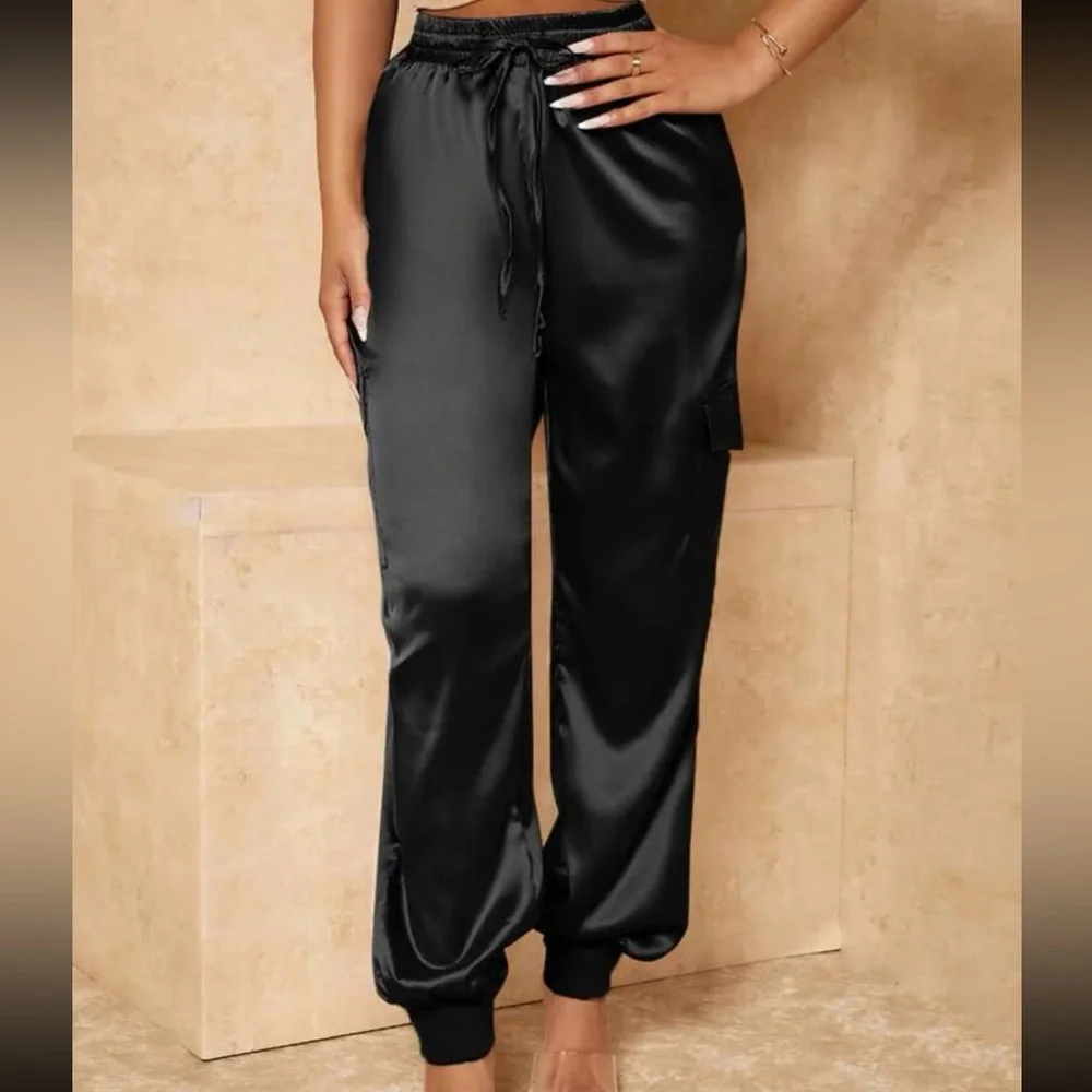 Black jogger cargo Satin Drawstring Waist Pants - Picture 6 of 8